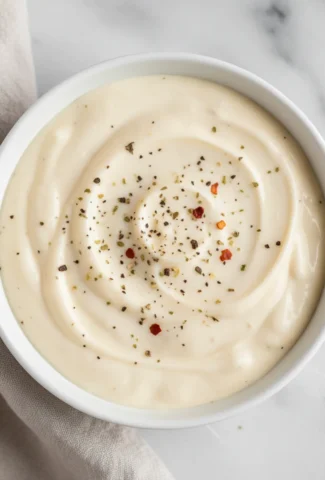 Creamy Garlic Parmesan Sauce in a white ceramic bowl, garnished with black pepper and red pepper flakes.