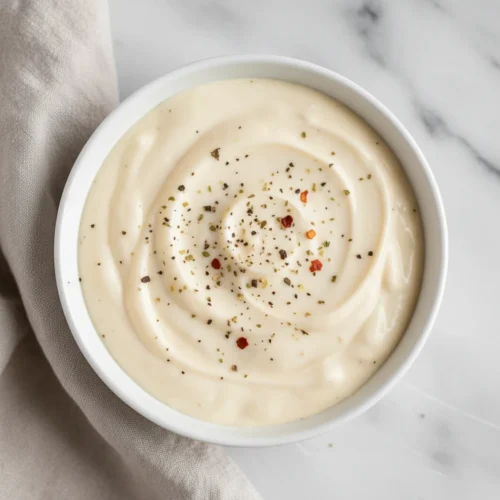 Homepage 14 Creamy Garlic Parmesan Sauce in a white ceramic bowl, garnished with black pepper and red pepper flakes.