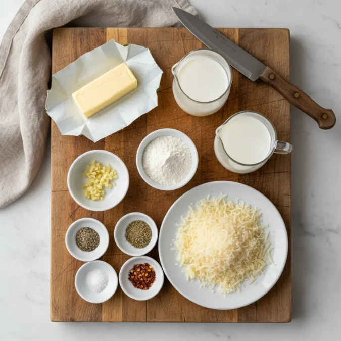 Finely minced garlic, freshly grated Parmesan cheese, and heavy cream arranged on a marble surface.