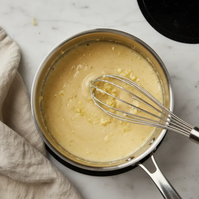 A silver whisk stirring a pale golden roux in a small silver saucepan.