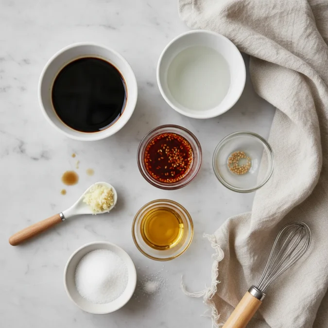 Gyoza sauce ingredients: soy sauce, rice vinegar, la-yu, sesame oil, garlic, and sugar in plain bowls and ramekins.