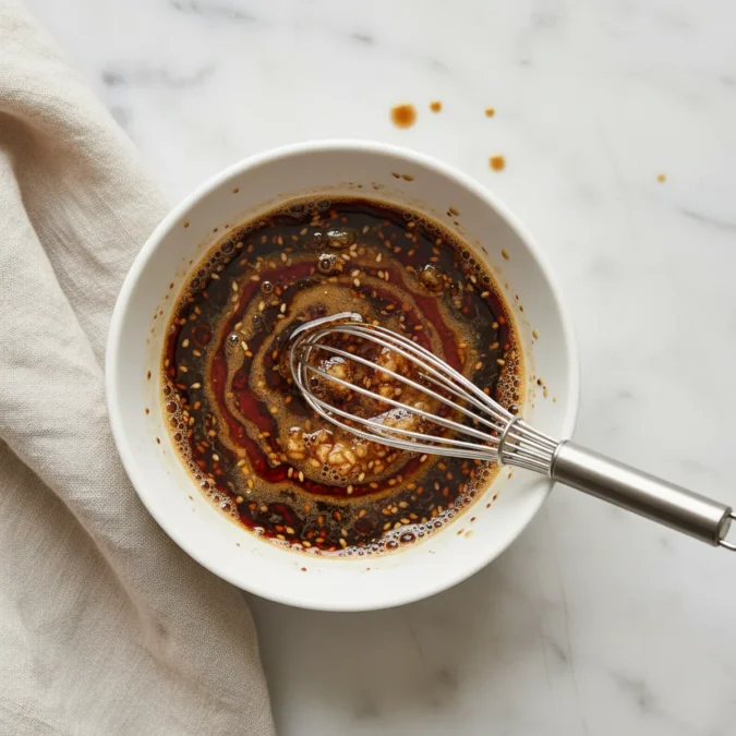 Soy sauce, rice vinegar, la-yu, sesame oil, and garlic being whisked together in a white ceramic bowl for gyoza dipping sauce.