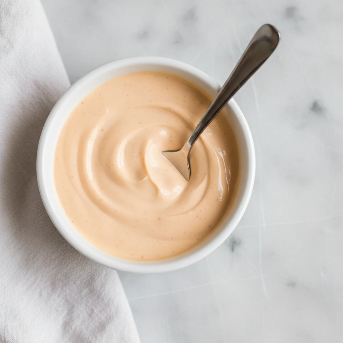 Hamburger Sauce Recipe (Better Than Any Drive-Thru) 4 Smooth, creamy hamburger sauce in a white ceramic bowl with a spoon.