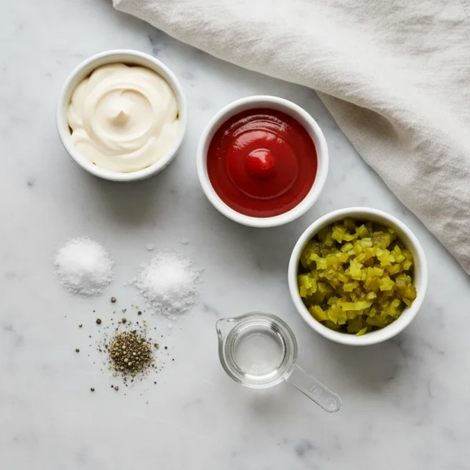 Hamburger Sauce Recipe (Better Than Any Drive-Thru) 2 Mayonnaise, ketchup, and pickle relish in ramekins with spices on marble.