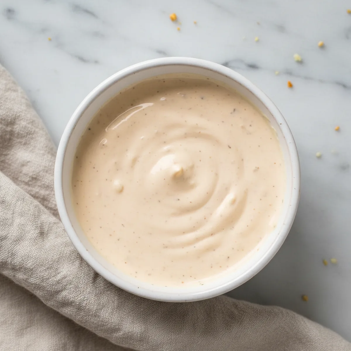 Finished creamy hibachi white sauce in a plain white serving bowl.