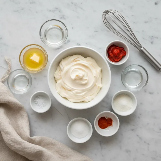 Ingredients for hibachi white sauce, including mayonnaise, tomato paste, and various spices, arranged on a marble surface.