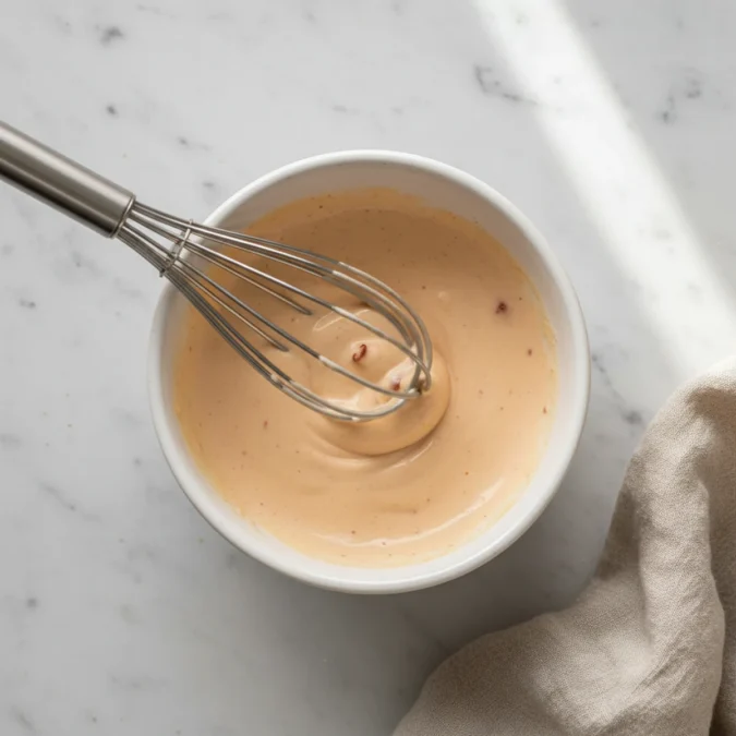 Hibachi white sauce being whisked to a creamy consistency in a plain white bowl.