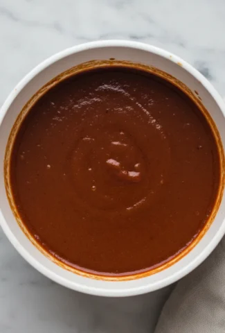 Finished smoky and tangy adobo sauce in a small white saucepan.