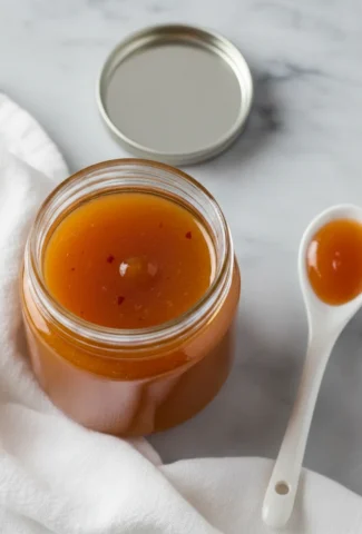 Homemade duck sauce in a clear glass jar with a spoon