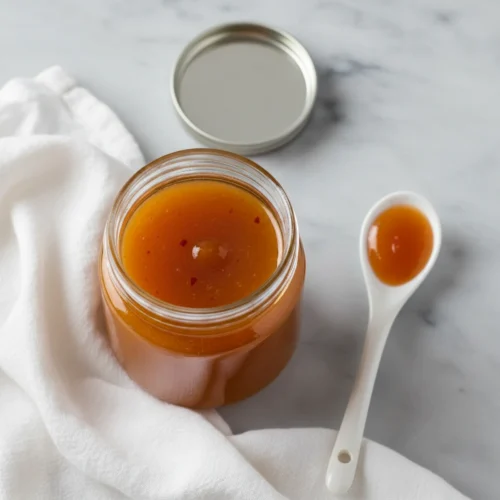 Homemade duck sauce in a clear glass jar with a spoon