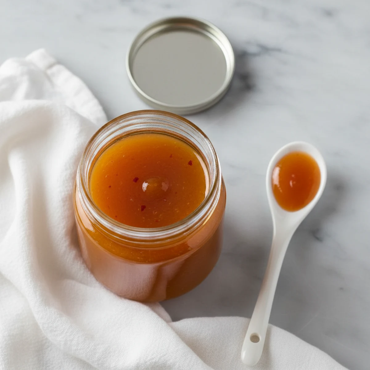Homemade Duck Sauce Recipe (Tastes Just Like Takeout) 4 Homemade duck sauce in a clear glass jar with a spoon
