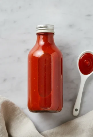 Smooth red-orange hot pepper sauce in a plain glass bottle.