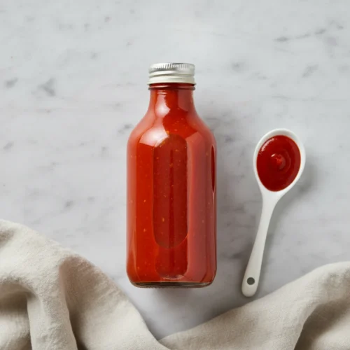 Smooth red-orange hot pepper sauce in a plain glass bottle.