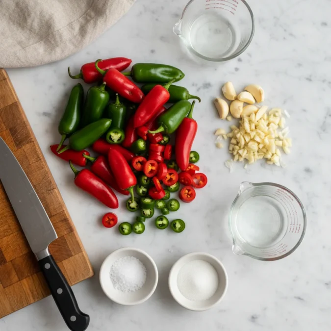 Homemade Hot Pepper Sauce Recipe: 10-Minute Magic 2 Mixed hot peppers, chopped garlic, and vinegar on a marble surface.