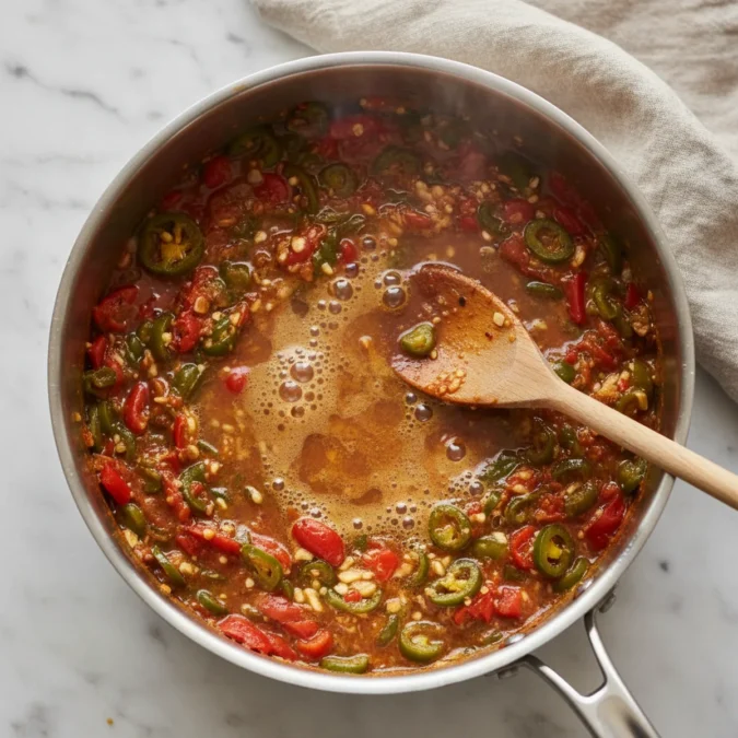 Homemade Hot Pepper Sauce Recipe: 10-Minute Magic 3 Hot pepper sauce simmering in a stainless steel saucepan.