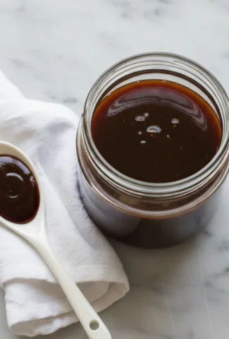 Finished homemade yakisoba sauce in a clear glass jar with a spoon.