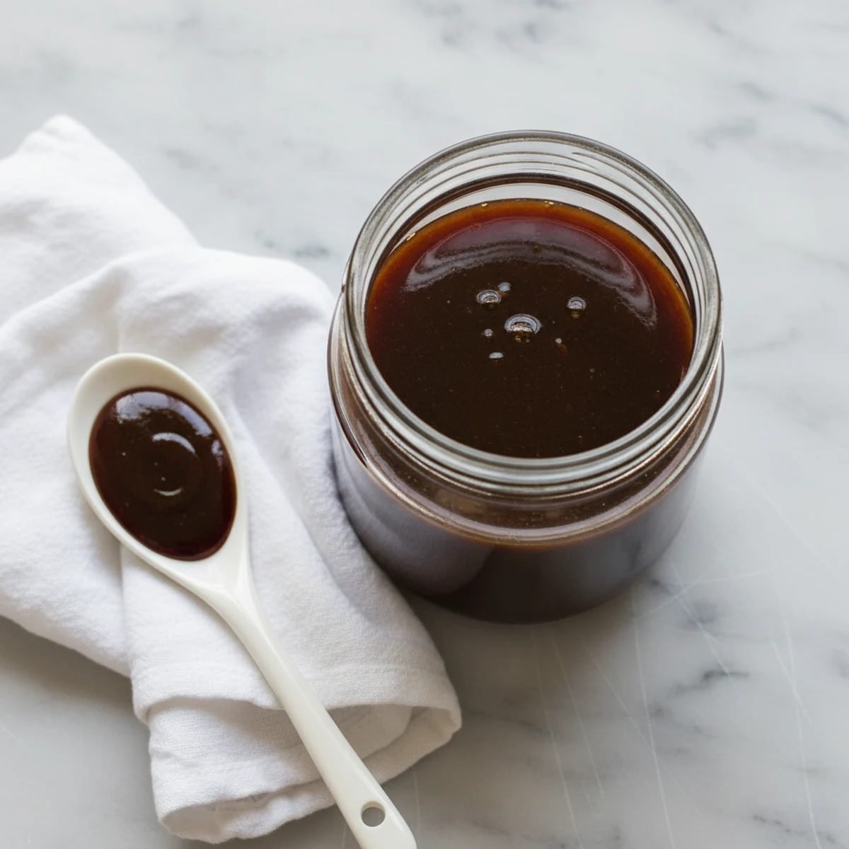 Finished homemade yakisoba sauce in a clear glass jar with a spoon.