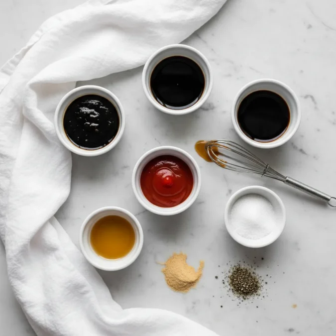 Yakisoba sauce ingredients including decanted Worcestershire, soy sauce, and oyster sauce.