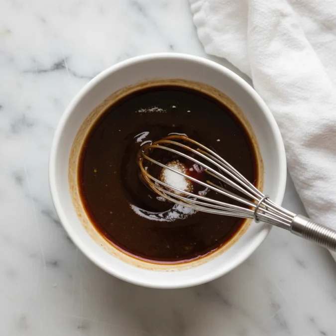 Yakisoba sauce being whisked in a white ceramic bowl.