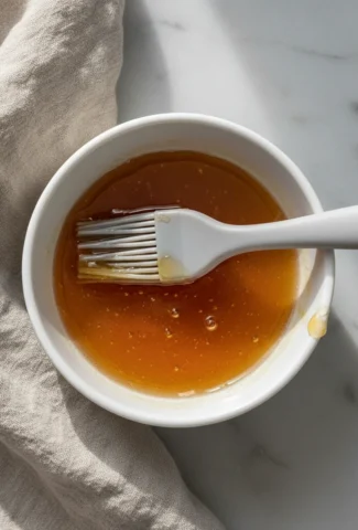 Finished honey glaze in a white ceramic bowl with a pastry brush.