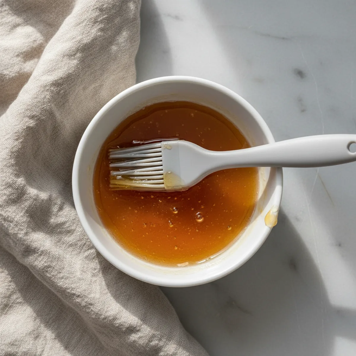 Finished honey glaze in a white ceramic bowl with a pastry brush.
