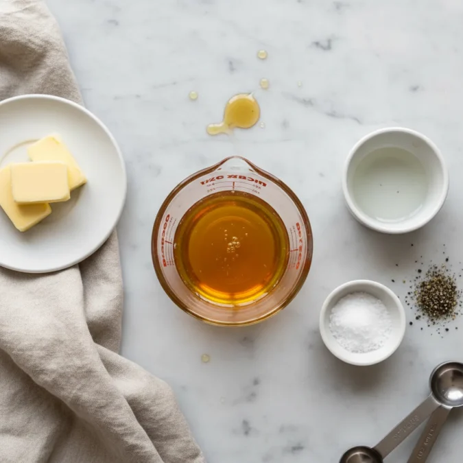 Ingredients for honey glaze: honey, butter, apple cider vinegar, salt, and pepper on a marble surface.