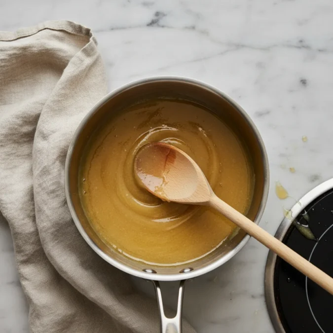 Honey and butter melting together in a stainless steel saucepan.