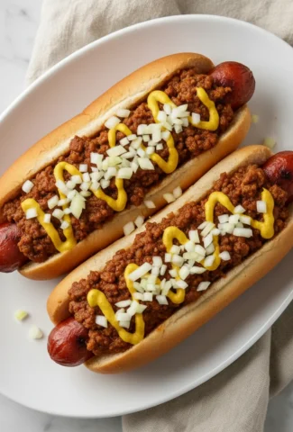 Hot dog sauce on grilled hot dogs, garnished with diced onion and mustard.