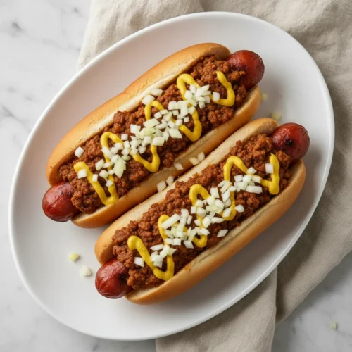 Hot dog sauce on grilled hot dogs, garnished with diced onion and mustard.