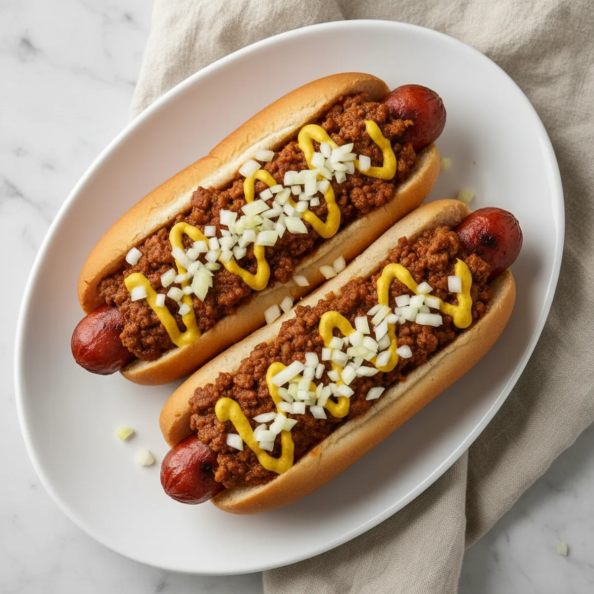 Hot dog sauce on grilled hot dogs, garnished with diced onion and mustard.
