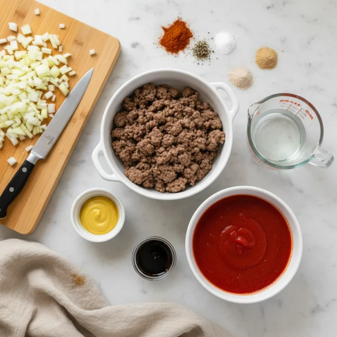 Ground beef, diced yellow onion, and yellow mustard in plain bowls on a marble surface.