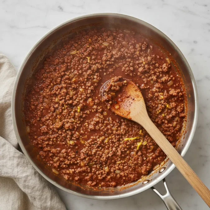 Hot dog sauce simmering in a stainless steel skillet with a wooden spoon.