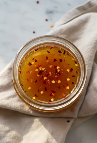 Finished hot honey sauce in a plain glass jar.
