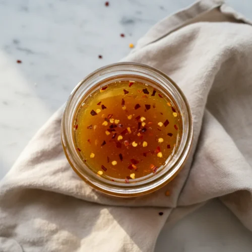 Finished hot honey sauce in a plain glass jar.