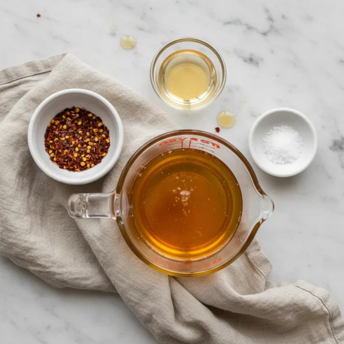 Hot Honey Sauce Recipe: Sweet, Spicy, 5 Minutes 2 Hot honey sauce ingredients: honey, red pepper flakes, apple cider vinegar, salt.