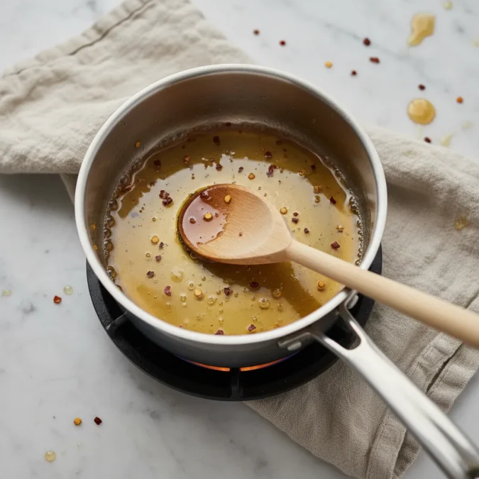 Hot Honey Sauce Recipe: Sweet, Spicy, 5 Minutes 3 Hot honey sauce simmering in a saucepan with red pepper flakes.