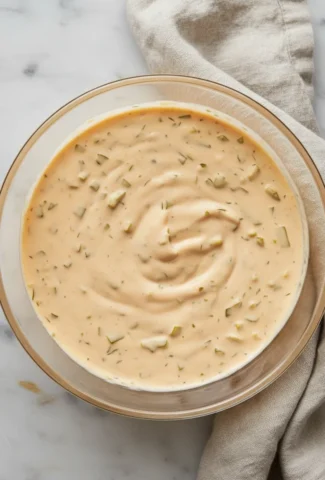 Finished In-N-Out sauce in a plain glass serving bowl with visible minced dill pickles.