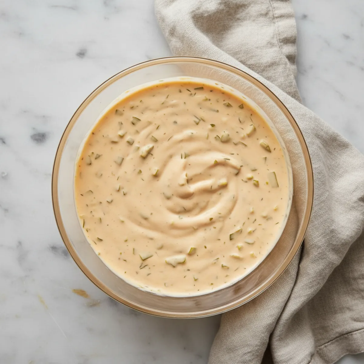 Finished In-N-Out sauce in a plain glass serving bowl with visible minced dill pickles.