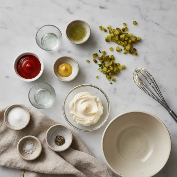 Ingredients for In-N-Out sauce, including mayonnaise, ketchup, and minced dill pickles, arranged on a marble surface.