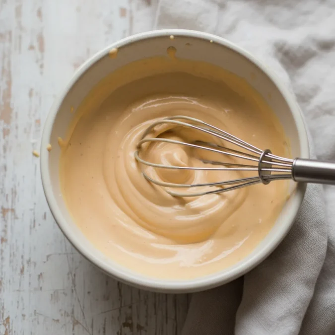 Process of whisking mayonnaise, ketchup, and mustard together in a small ceramic bowl for In-N-Out sauce.