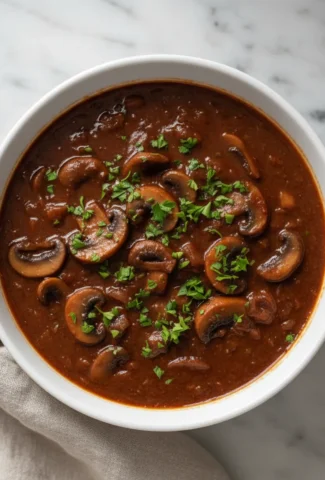 Finished Marsala sauce in a white bowl, garnished with fresh parsley.