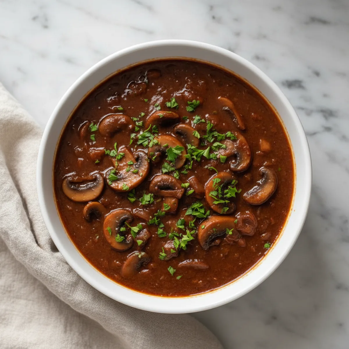 Finished Marsala sauce in a white bowl, garnished with fresh parsley.