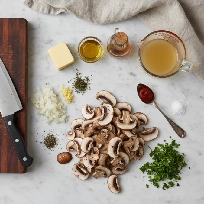 Ingredients for Marsala sauce: sliced cremini mushrooms, chopped shallots, and Marsala wine.