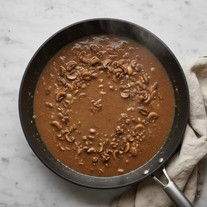 Marsala sauce simmering in a large skillet, bubbling gently.