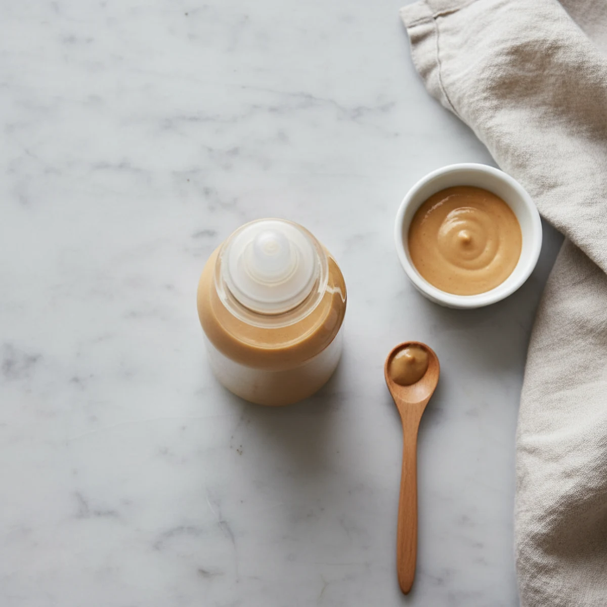 Finished miso sauce in a clear squeeze bottle and a small tasting ramekin.