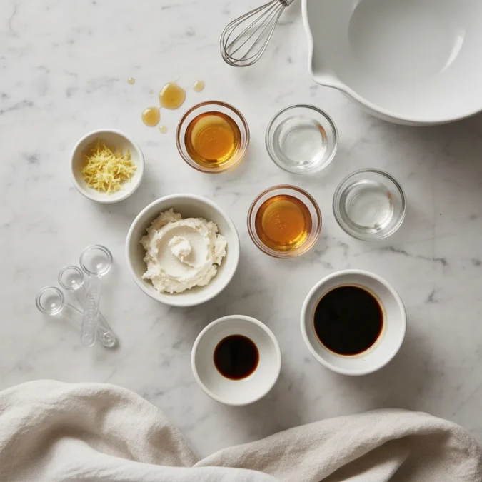Ingredients for miso sauce: miso paste, honey, and grated ginger.