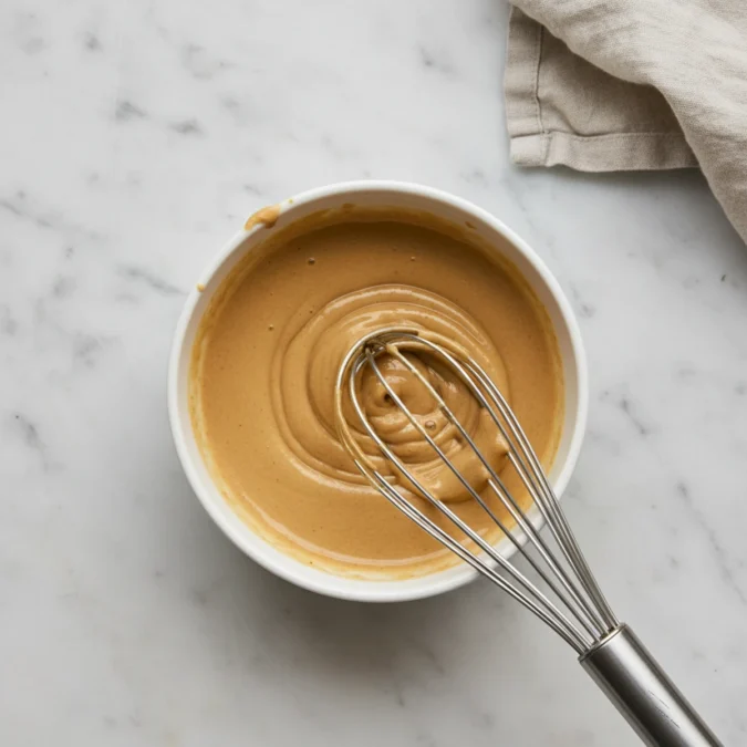 Miso sauce being whisked in a white ceramic bowl.