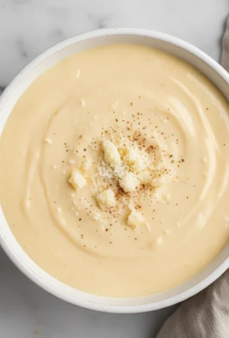 Finished Mornay sauce in a plain white ceramic serving bowl, garnished with Parmesan and nutmeg.