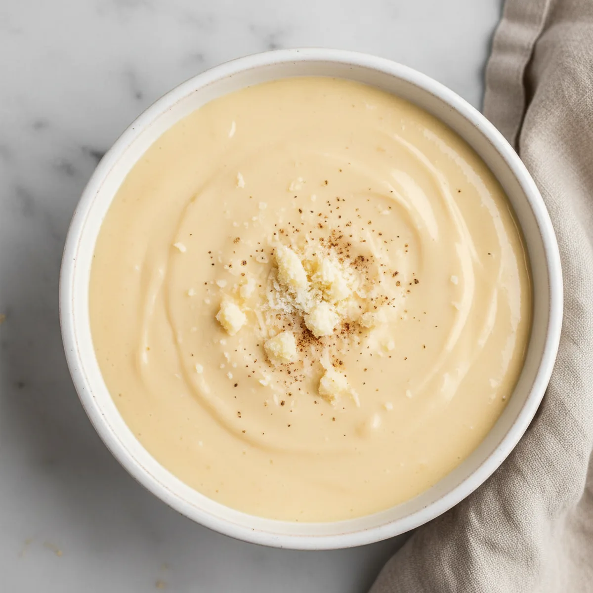 Finished Mornay sauce in a plain white ceramic serving bowl, garnished with Parmesan and nutmeg.