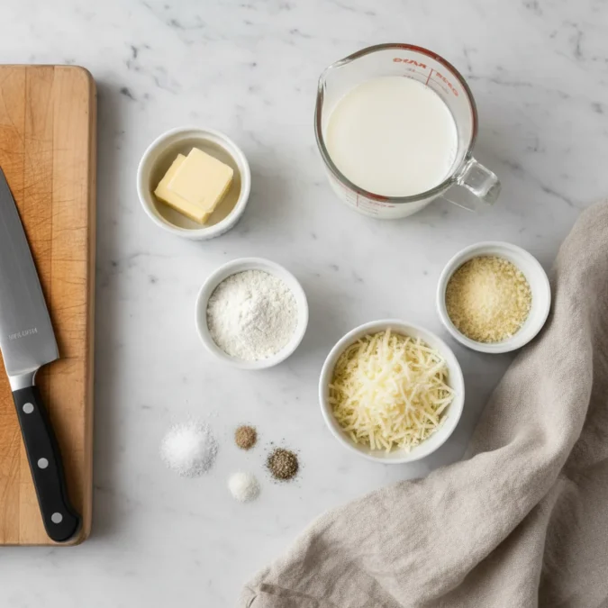 Ingredients for Mornay sauce: grated Gruyère, Parmesan, and butter in ramekins.